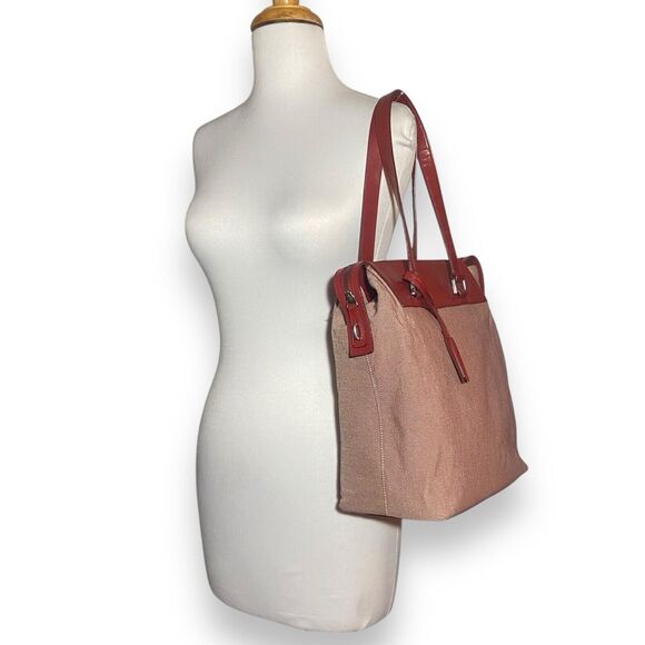 Jil Sander Shoulder Bag Red Leather & Canvas Tote Leather Lining w Keys No Lock - Picture 7 of 15